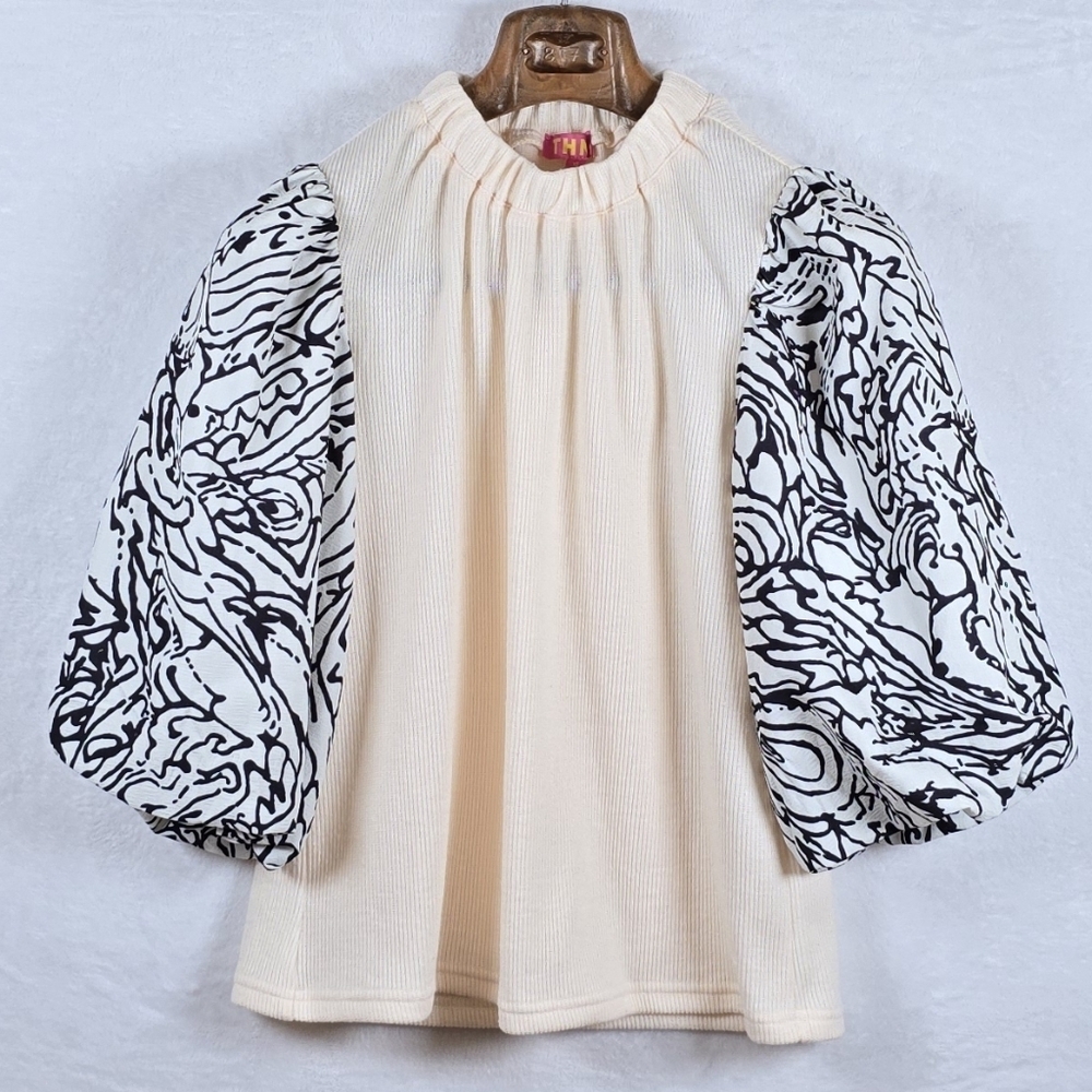 Anthropologie THML Puff Statement Sleeve Ribbed Top Romantic Maximalist Sz.XS - Picture 2 of 11